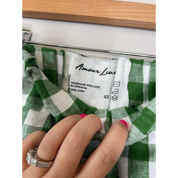 NEW Amour Linen Shorts Mia Elastic Waistband Gingham Shorts Green Size: XS - Picture 4 of 6